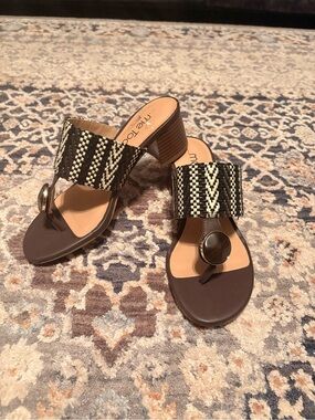 Unisa Brown and Black Woven Strap Block Heel Sandal
